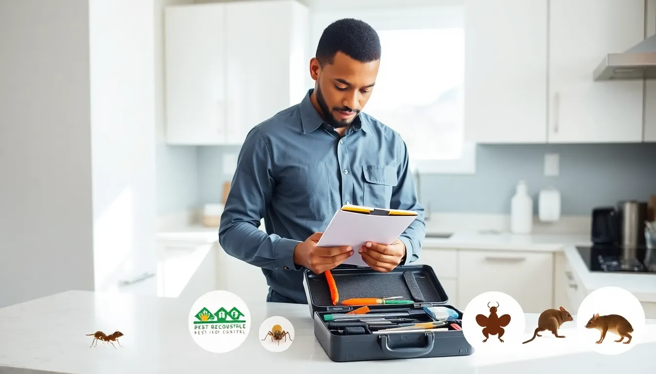 Pest control expert inspecting a kitchen for signs of infestation.