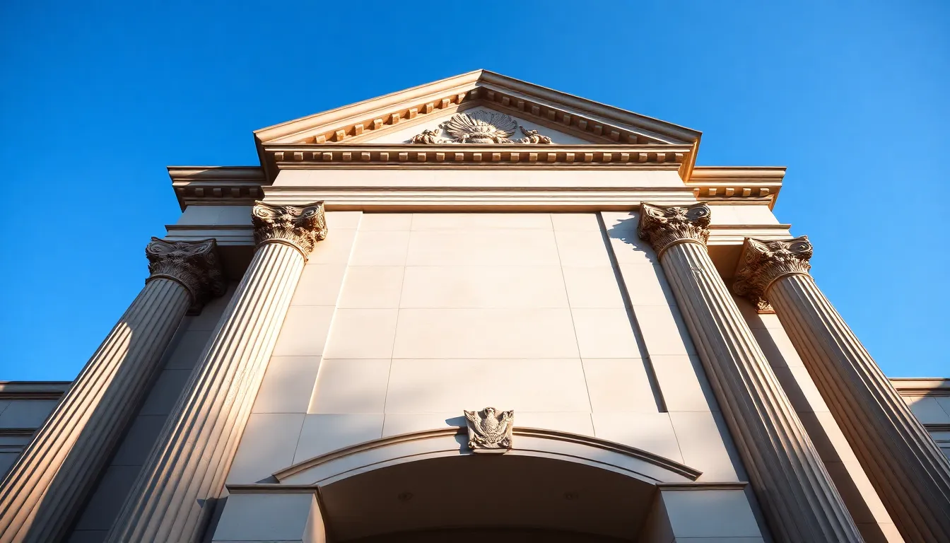 classical building with a decorative pediment above the entrance.