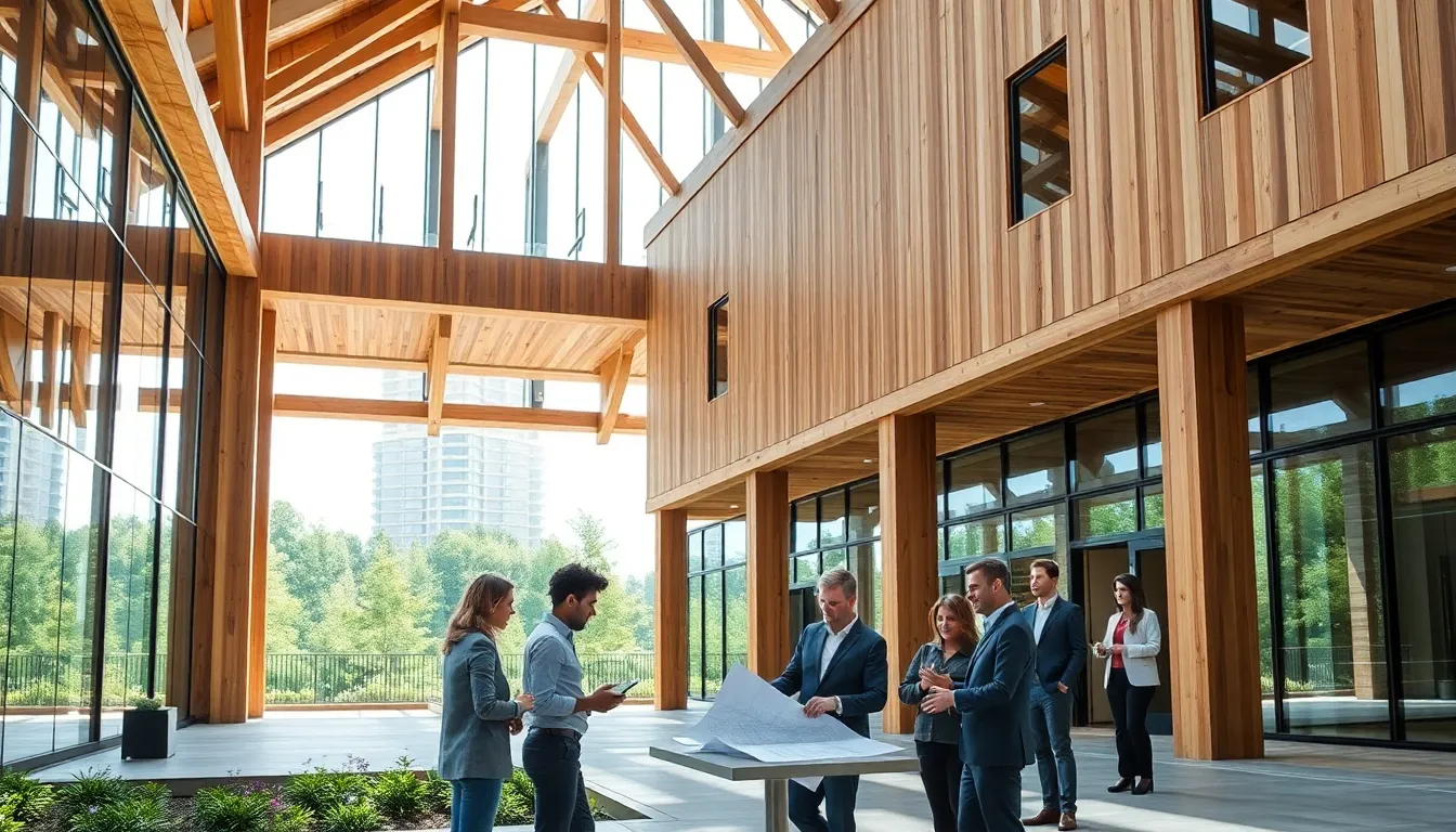 diverse architects discussing a mass timber building design.