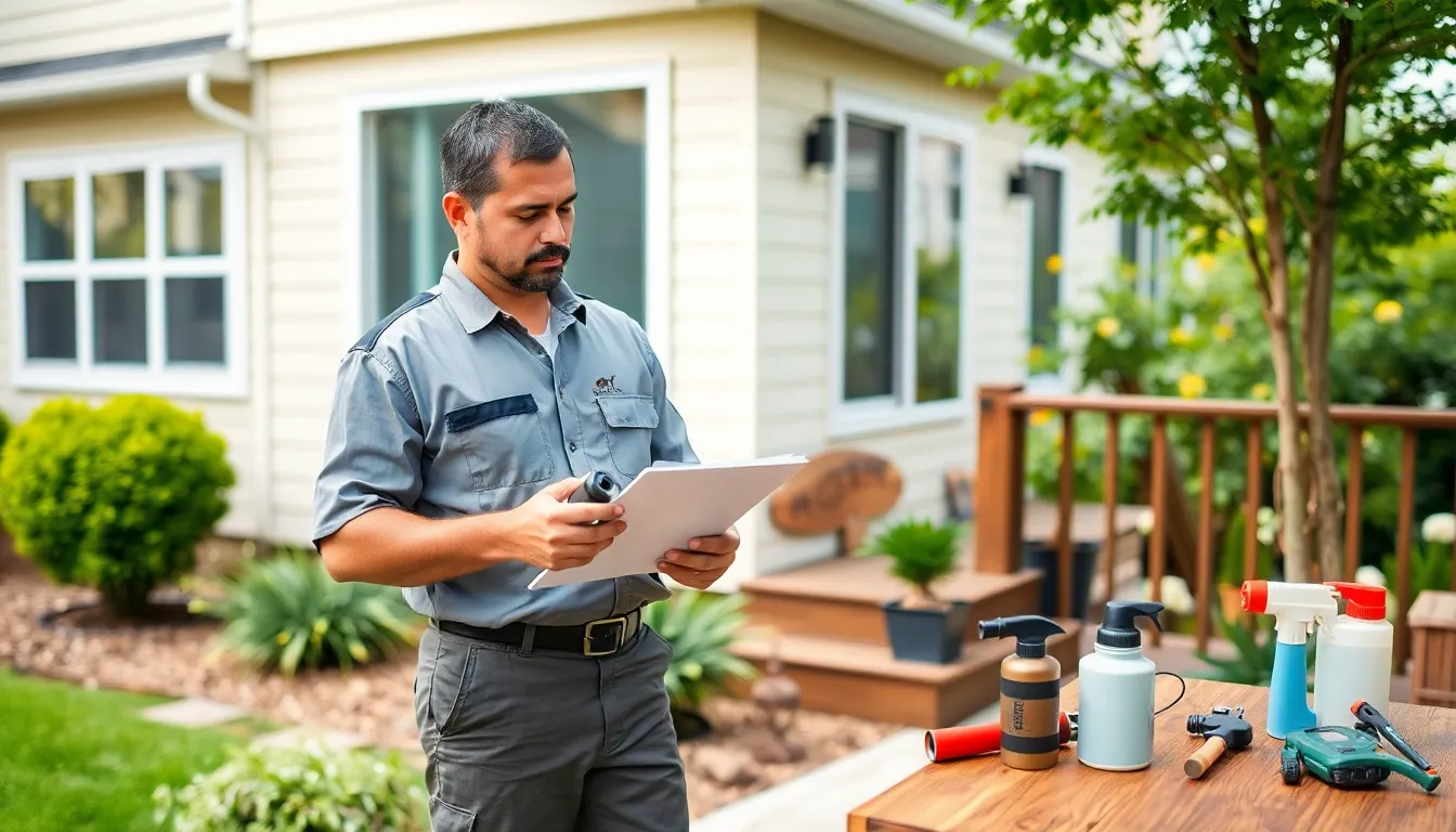 Pest control technician inspecting a home exterior for pests.
