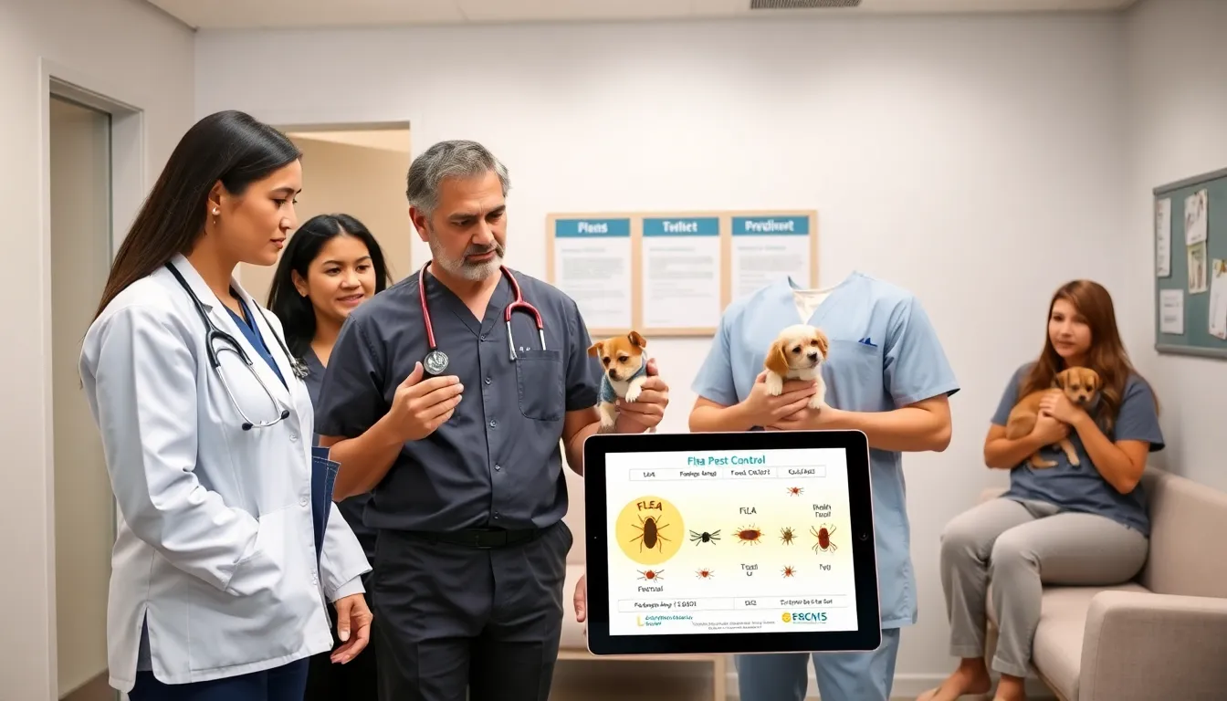 veterinarians discussing flea control in a modern veterinary office.