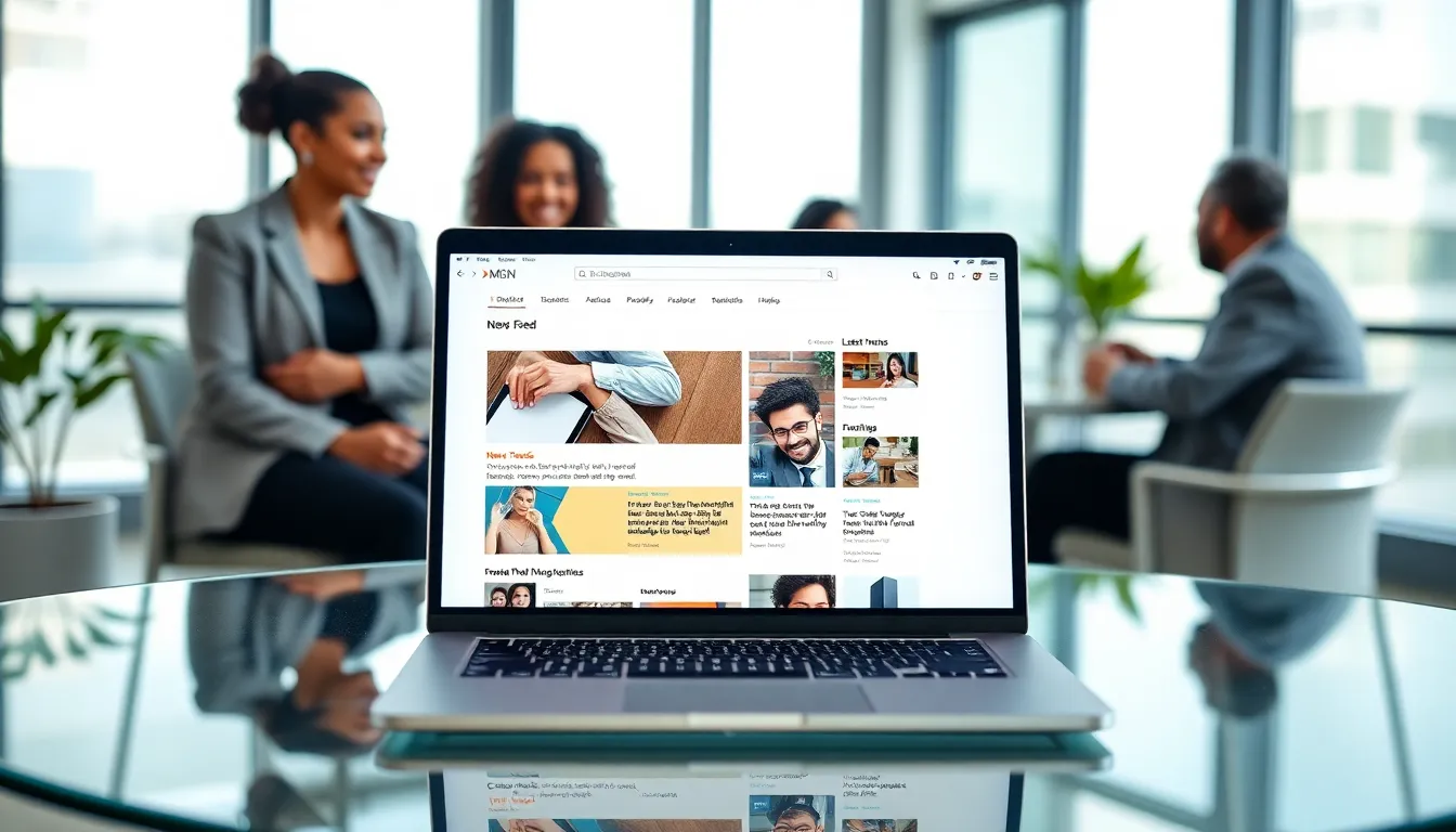 Laptop displaying MSN News Feed in a modern office setting.