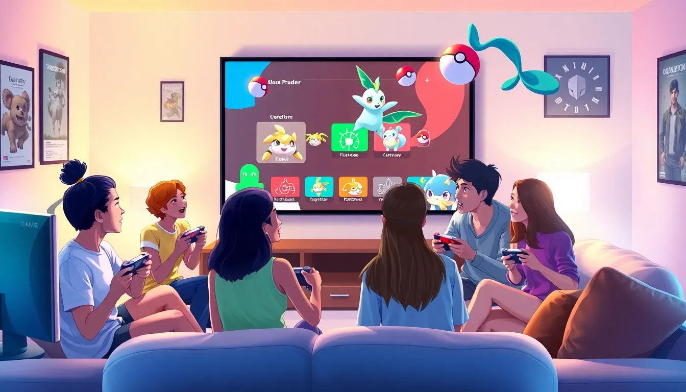 diverse group trading Pokémon at home using a gaming console.