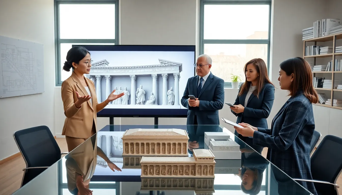 diverse team discussing frieze architecture in a modern office.