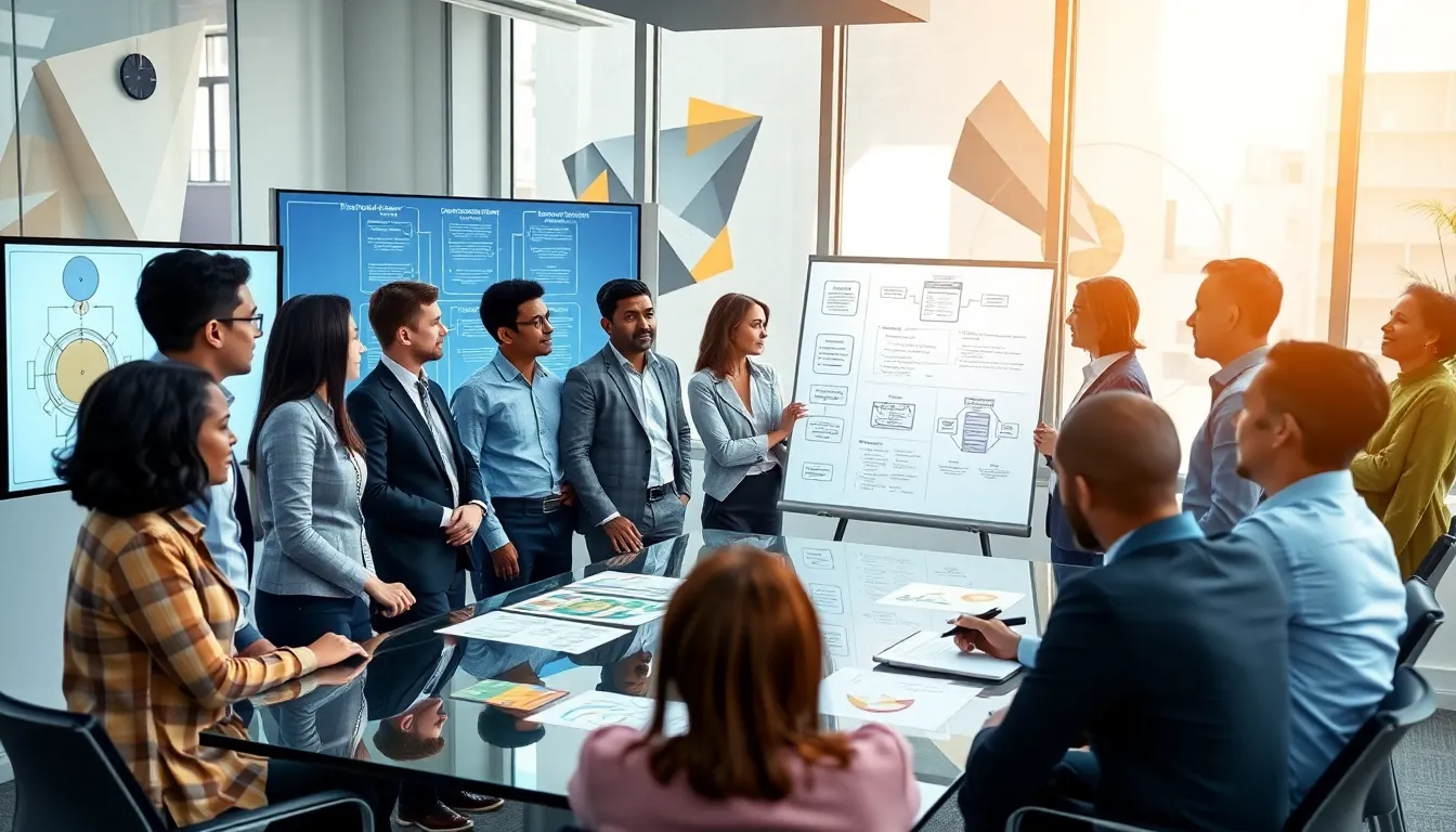 diverse team collaborating on enterprise architecture strategies in a modern office.